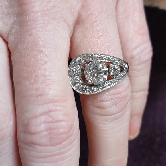 Old European cut diamond ring 14kt white gold U design - Picture 8 of 17